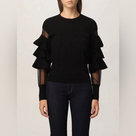 NWT LOVE MOSCHINO Tiered Ruffle Sheer Lace Mesh Sleeve Sweater